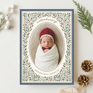 Pretty Vintage Floral Christmas Birth Announce Holiday Card