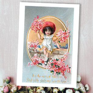 Pretty Vintage Girl with Pink Valentine Blossoms Holiday Card