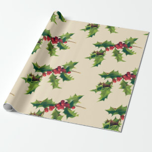 Pretty Vintage Holly branch Wrapping Paper