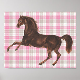 Pretty Vintage Illustrated Horse on Pink Plaid Art Poster