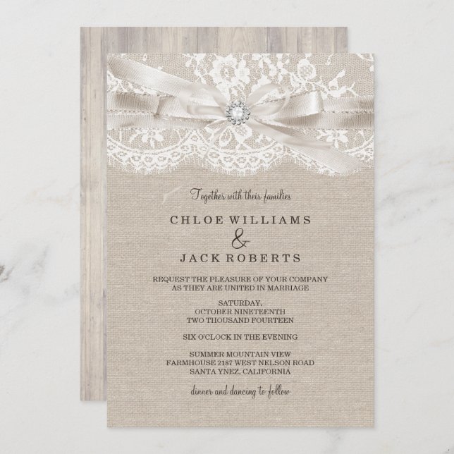 Pretty Vintage Lace & Burlap Wedding Invitation (Front/Back)