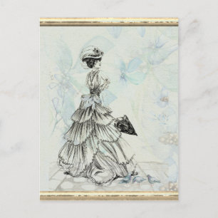 Pretty Vintage Lady And Blue Flowers Postcard