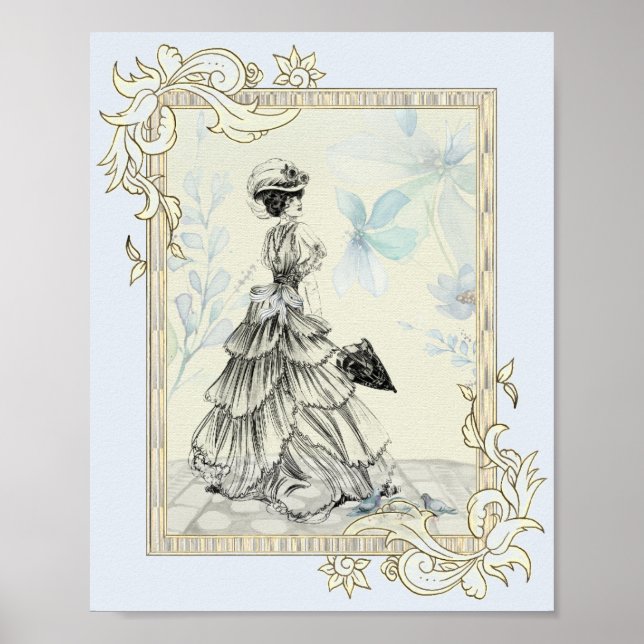 Pretty Vintage Lady And Blue Flowers Poster (Front)