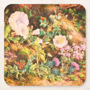 Pretty Vintage petunias flowers floral painting Square Paper Coaster