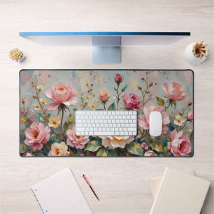 Pretty Vintage Pink and Cream Garden Roses Floral Desk Mat
