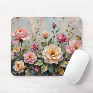 Pretty Vintage Pink and Cream Garden Roses Floral Mouse Pad