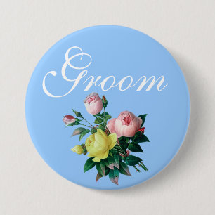 pretty vintage pink and yellow rose flowers groom 7.5 cm round badge