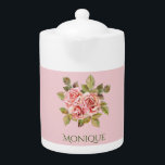 Pretty Vintage Pink Roses Personalised<br><div class="desc">Personalised teapot features vintage illustration of  pretty pink roses,   with elegant customisable text on pastel pink background.</div>