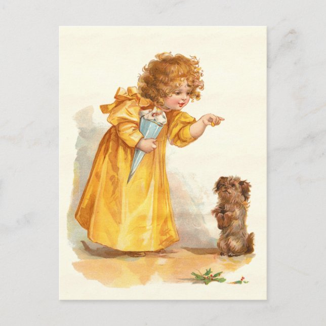 Pretty Vintage Postcard Little Girl and Pet Dog (Front)