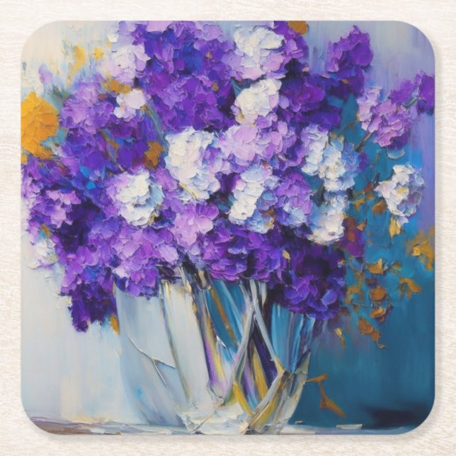 Pretty Vintage Purple Flowers Square Paper Coaster (Front)