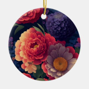 Pretty vintage red Orange purple mum peony floral  Ceramic Tree Decoration