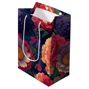 Pretty vintage red Orange purple mum peony floral Medium Gift Bag