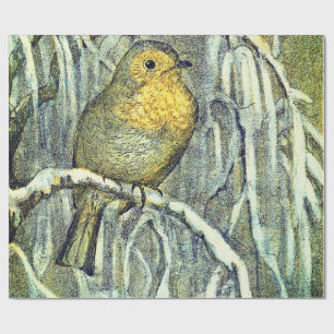 Pretty Vintage Robin bird on a snowy branch Wrapping Paper