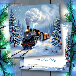 Pretty Vintage Train Christmas Scene Personalised Holiday Card