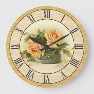 Pretty Vintage Yellow Roses Wood Look Border Large Clock
