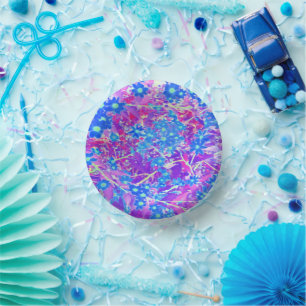 Pretty Violet Blue and Lime Green Flowers Paper Plate
