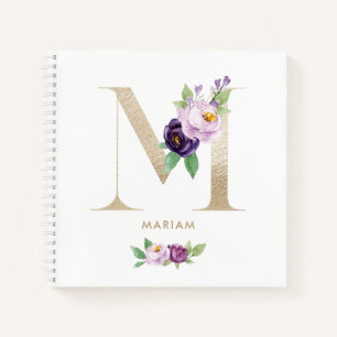 Pretty Violet Floral Gold Foil Letter M Monogram Notebook
