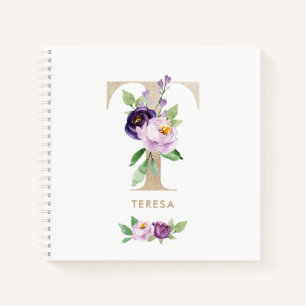 Pretty Violet Floral Gold Foil Letter T Monogram Notebook