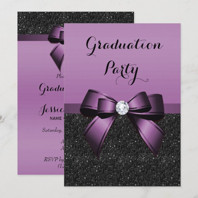 Pretty Violet Gem Bow & Glitters Graduation Invitation (Front/Back)
