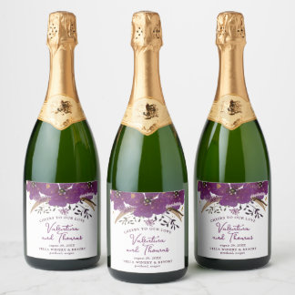 Pretty Violet Watercolor Flowers Wedding Sparkling Wine Label