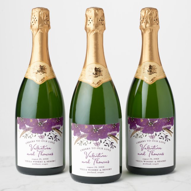 Pretty Violet Watercolor Flowers Wedding Sparkling Wine Label (Bottles)