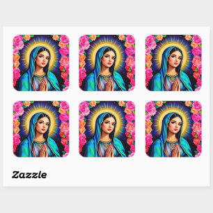 Pretty Virgin Mary with Prayer Hands & Roses Large Square Sticker