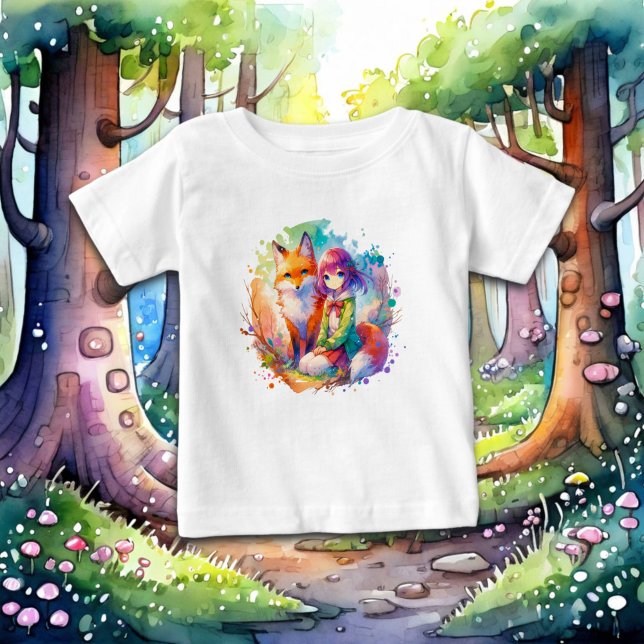 Pretty Watercolor Anime Girl and Fox Baby T-Shirt (Creator Uploaded)