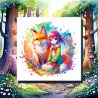 Pretty Watercolor Anime Girl and Fox