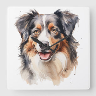 PRETTY WATERCOLOR AUSTRALIAN SHEPHERD DOG SQUARE WALL CLOCK