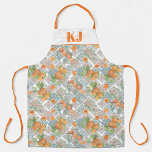 Pretty Watercolor Azulejo Apricot Tiles   Monogram Apron