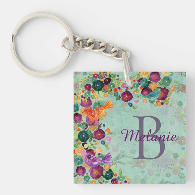 Pretty Watercolor Birds and Flowers Personalised Key Ring (Front)
