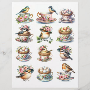 Pretty Watercolor Birds in Hats Perched in Teacups