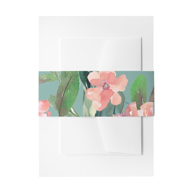 Pretty Watercolor Blooms Green Wedding Invitation Belly Band (Front Example)