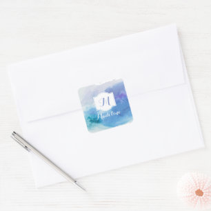 Pretty Watercolor Blue Purple Monogram Name Square Sticker