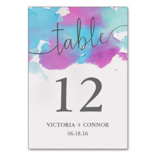 Pretty Watercolor Blue Purple Wedding Table Number