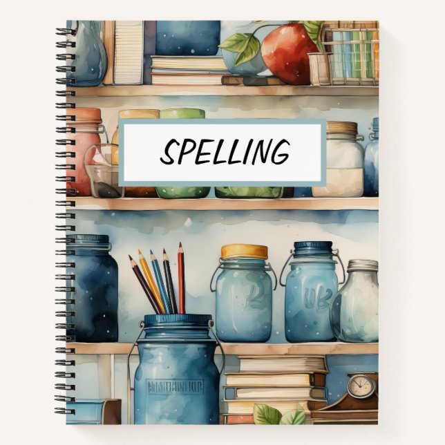 PRETTY WATERCOLOR BLUE SCHOOL MASON JARS NOTEBOOK (Front)