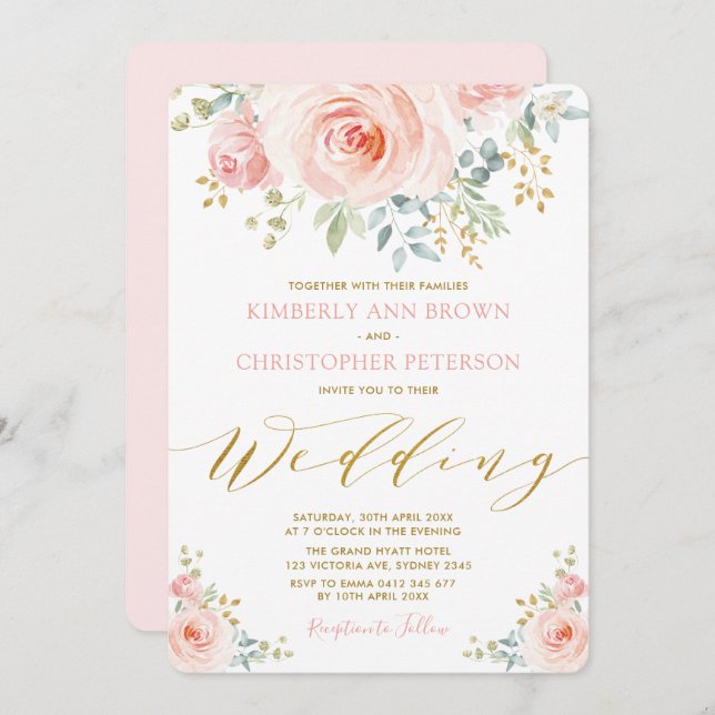 Pretty Watercolor Blush Pink Floral Rose Wedding Invitation (Front/Back)