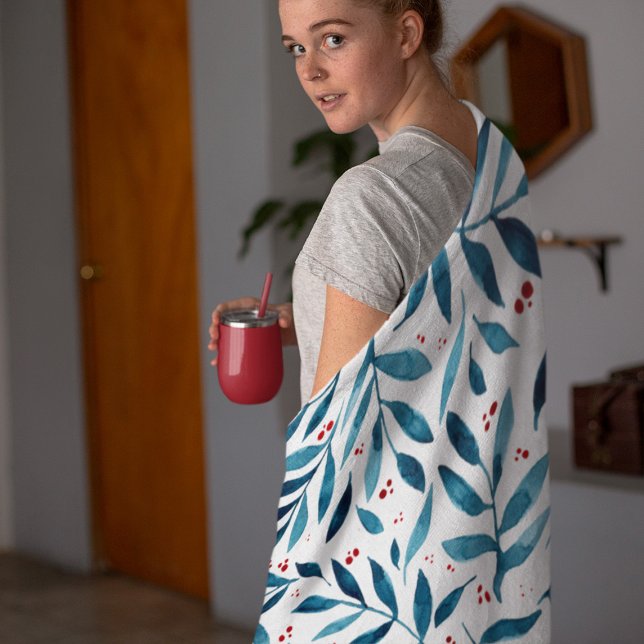 Pretty watercolor branches – turquoise and red  fleece blanket (Creator Uploaded)