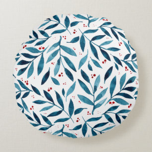 Pretty watercolor branches – turquoise and red round cushion