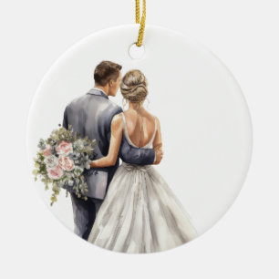 PRETTY WATERCOLOR BRIDE AND GROOM WEDDING CERAMIC TREE DECORATION
