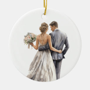 PRETTY WATERCOLOR BRIDE AND GROOM WEDDING CERAMIC TREE DECORATION