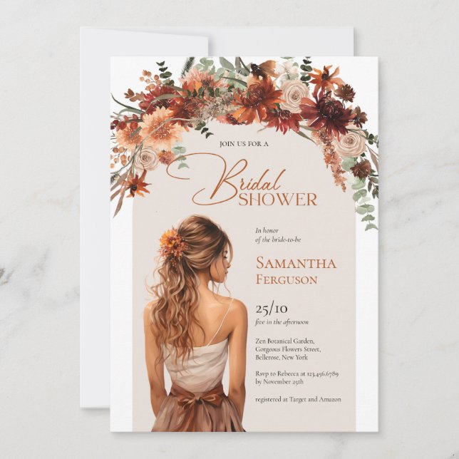 Pretty watercolor bride terracotta fall bouquet  invitation (Front)