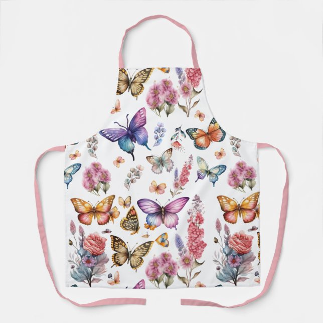 Pretty Watercolor Butterfly Floral Garden Pattern Apron (Front)