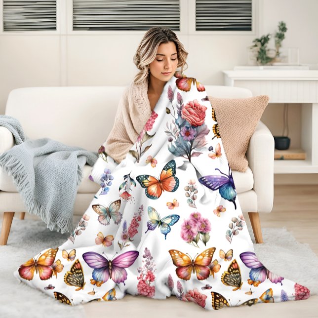 Pretty Watercolor Butterfly Floral Garden Pattern Fleece Blanket (Creator Uploaded)