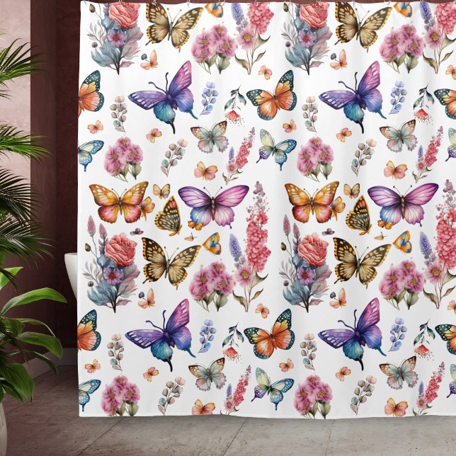Pretty Watercolor Butterfly Floral Garden Pattern Shower Curtain (Creator Uploaded)