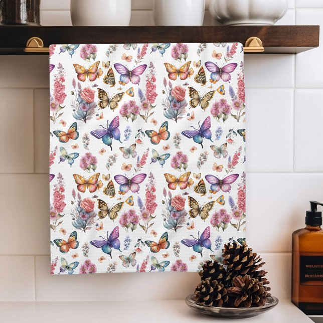 Pretty Watercolor Butterfly Floral Garden Pattern Tea Towel (Creator Uploaded)