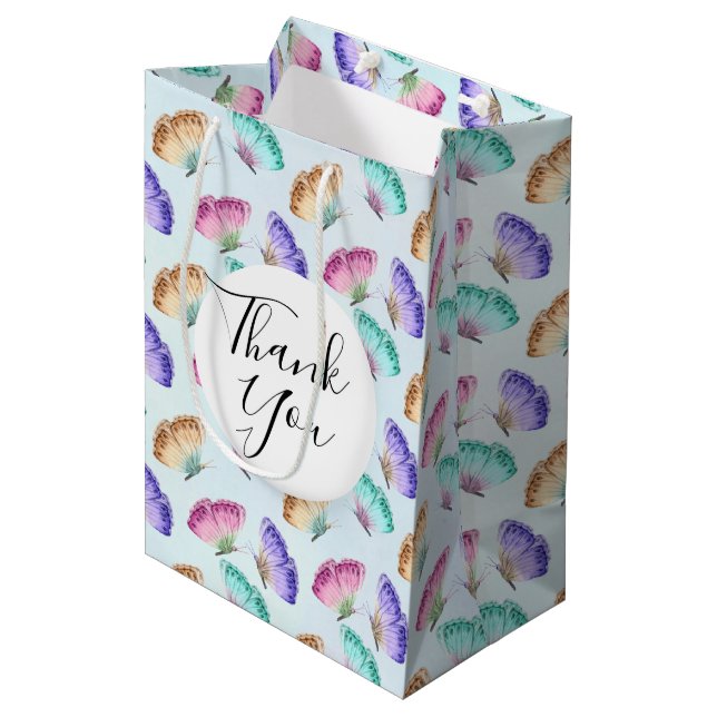 Pretty Watercolor Butterfly Pattern Thank You Medium Gift Bag (Front Angled)