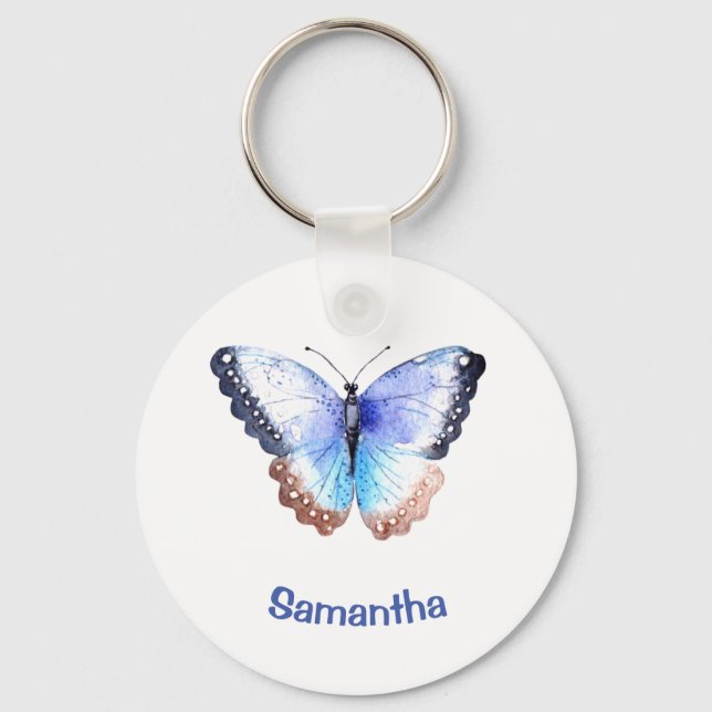 Pretty Watercolor Butterfly with Name Key Ring (Front)