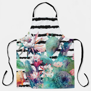 Pretty watercolor cactus floral and stripes design apron