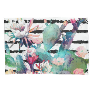 Pretty watercolor cactus floral and stripes design pillowcase